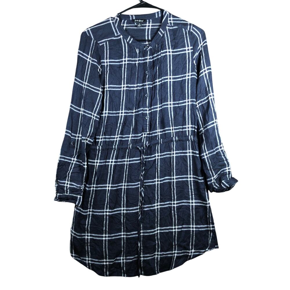 Lucky Brand Womens Dress Navy White Stripe Roll Tab Sleeve Button Front Small